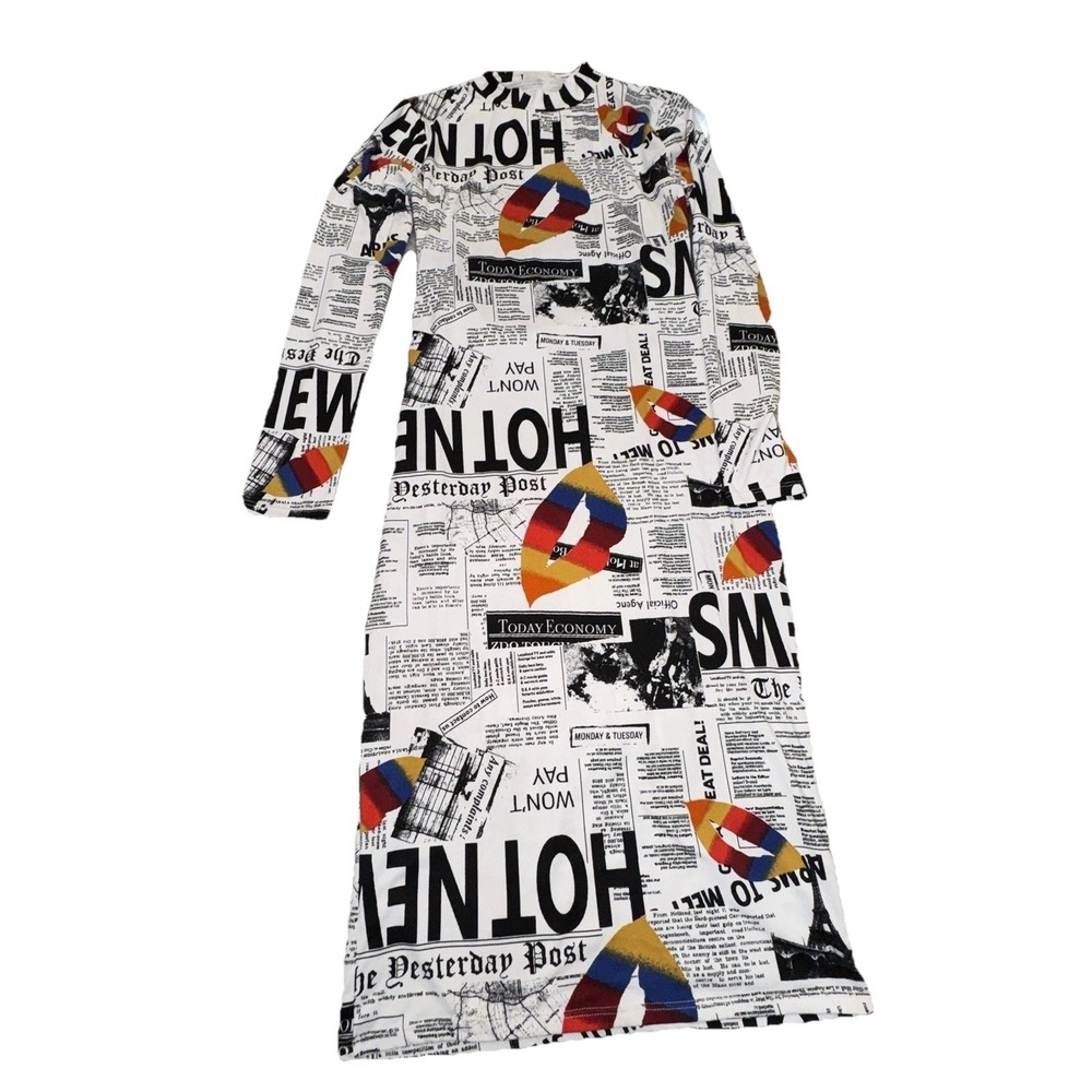 Urban Rose Large Bodycon Midi Dress Newspaper Print Lips Pop Art Open Back‎